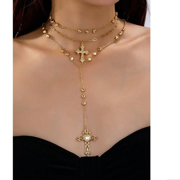 Jewelry - Cross Three pieces Necklace Set in Gold Color